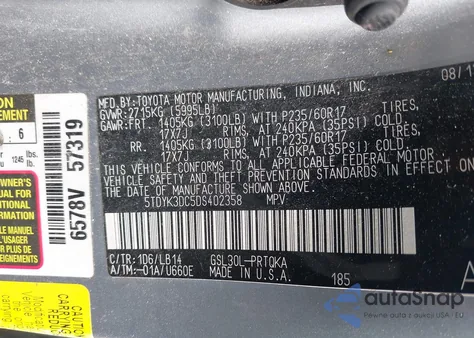 2013 Toyota Sienna Xle V6 8 Passenger z USA, uszkodzony, nr VIN 5TDYK3DC5DS402358